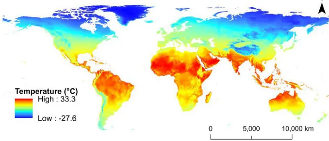 Figure 20 : Distribution de la température moyenne annuelle mondiale sur la période 1970-2000 (Données  tirées de Fick and Hijmans, 2017)
