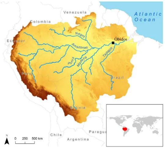 Figure  22  :  Le  bassin  versant  de  l’Amazone,  sa  topographie  et  ses  principaux  cours  d’eau