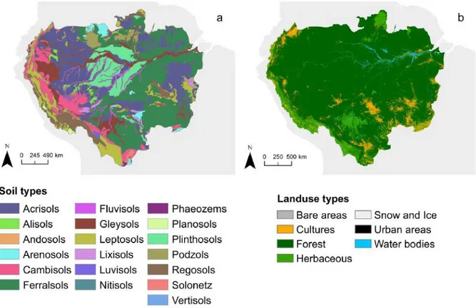 Figure 24 : Distribution des sols et des occupations du sol dans le bassin versant de l'Amazone (source :  FAO et Commission Européenne)