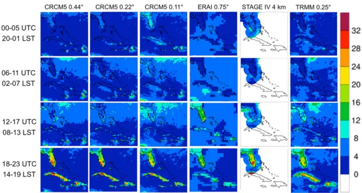 Fig. 14   2002–2010 6-hourly precipitation (mm/day) over Florida and the Caribbean