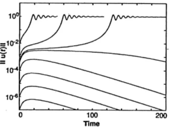 Figure 1.12: Nonlinear evolution of the perturbation amplitude for different initial values, from Trefethen et al