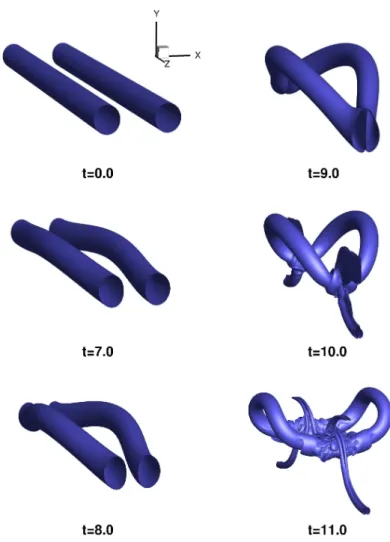 Figure 3.1: Iso-vorticity contours at 20% of the initial maximum of vorticity ω = 0.2|ω max (t = 0)| showing