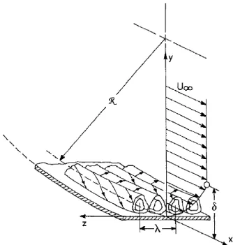 Figure 10 – Schéma issu de Saric [106] représentant des tourbillons de couche limite de Görtler sur une paroi concave.