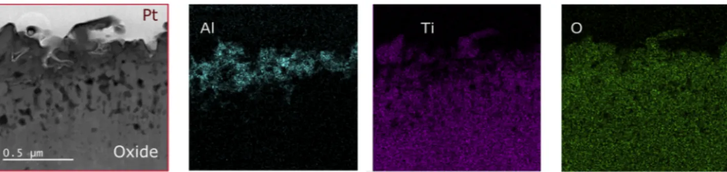 Fig. 3. STEM-HAADF image on the oxide-alloy interface with its corresponding EDX qualitative map of region (I) of the Ti6242S oxidized at 650 °C for 1000 h in