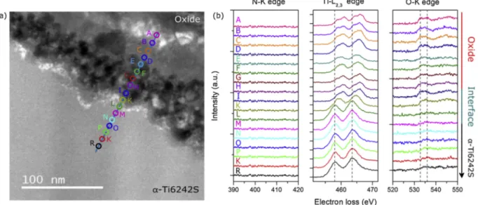 Fig. 7. (a) STEM-HAADF image of region (II) of the Ti6242S sample oxidized in synthetic air at 650 °C for 1000 h with an inset of selected area electron diffraction