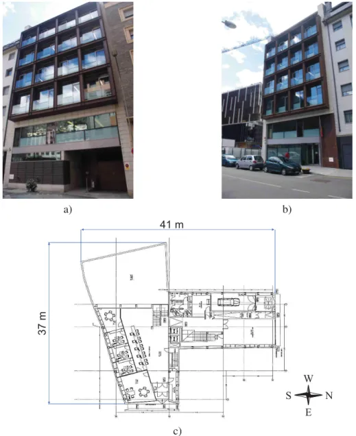 Figure 1 – Ediﬁci administratiu del Prat del Rull : (a) north facade, (b) east facade and (c) basement map