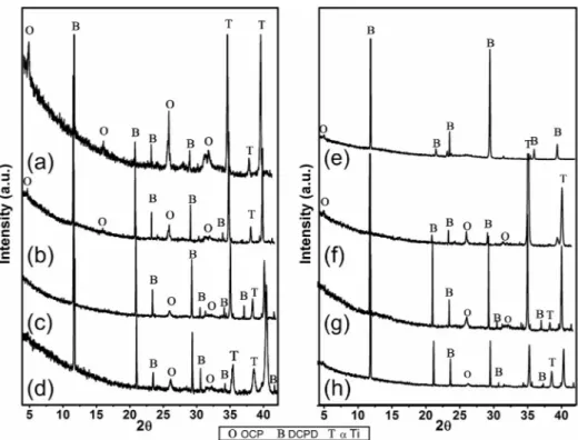Fig. 2. XRD diagrams of pulsed electrodeposited coatings: a) PP60_5, b) PP60_2, c) PP40_5, d) PP40_2, e) PRP60_5, f) PRP60_2, g) PRP40_5 and h) PRP40_2.