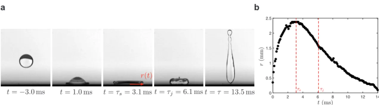 Figure 1.3 : a Séquence d’image de l’impact d’une goutte d’eau (R = 1.3 mm, V = 1.1 m/s) sur une surface superhydrophobe