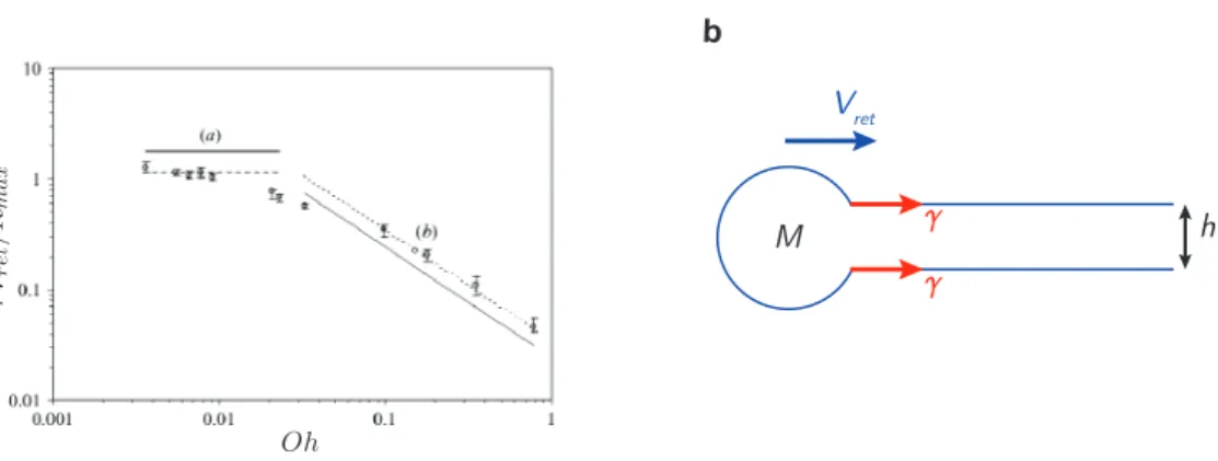 Figure 1.10 : a Taux de rétraction V ret /R max normalisé par le temps inertio-capillaire τ =