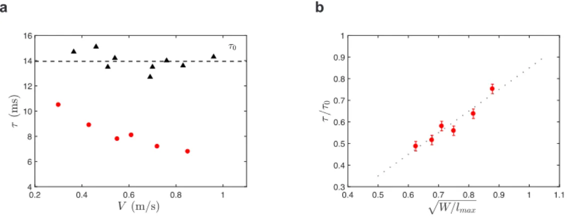 Figure 2.14 : a Temps de contact τ 0 , sur une surface usuelle (triangles noirs), et τ, sur une surface