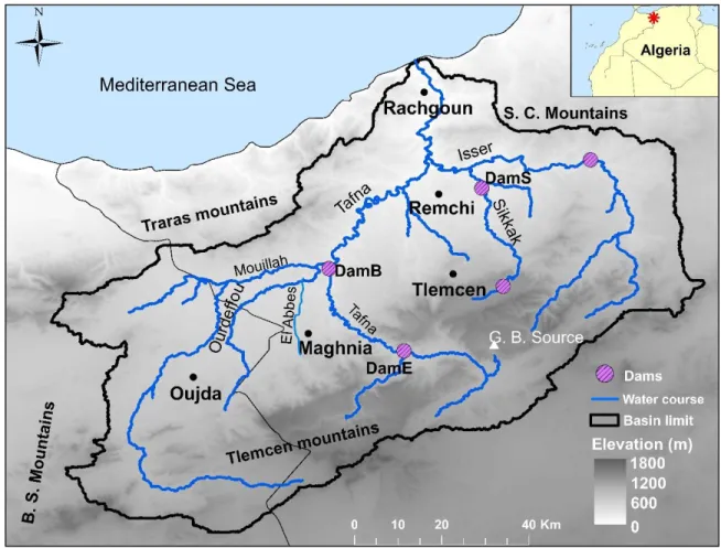 Figure 7 : Carte de localisation et de morphologie du bassin versant de la Tafna. (Carte réalisée à 