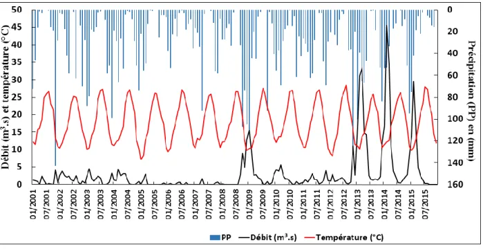 Figure 8 : Evolution des précipitations (PP), de la température et des débits en moyenne mensuelle 