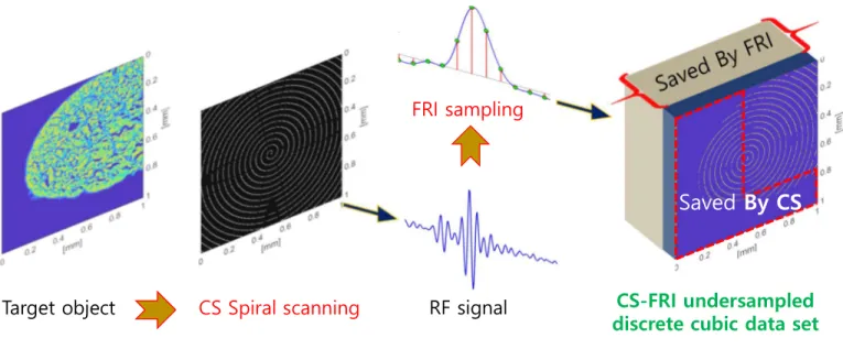 Fig. 1. The block diagram describes the undersampling process based on the spiral pattern and FRI sampling in spatial and temporal domain respectively