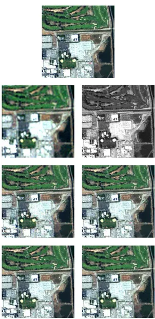 Fig. 13. Spatial fusion results for the Moffett Field dataset. (Top) Groundtruth. (Left-2) Hyperspectral/low spatial resolution image