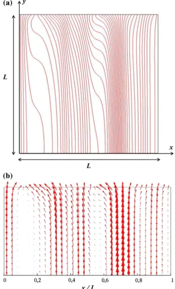 Fig. 3 Stream lines in the heterogeneous porous domain (a) and detailed view of velocity field in the top
