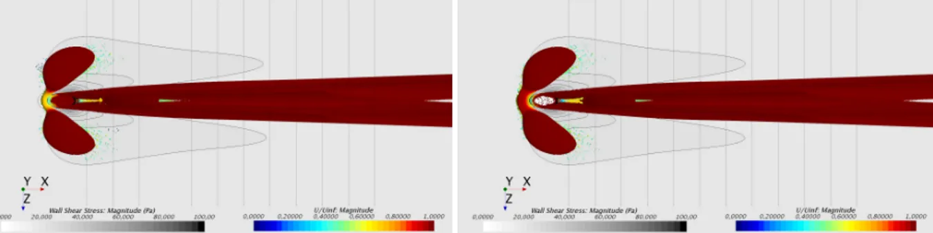 Fig. 4 Top view of the iso-surface of Q-criterion colored by the normalized velocity vector U/U ∞ and bottom