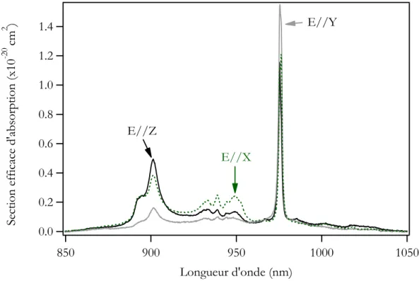 Figure III.2.1 : Spectre d’absorption en lumière polarisée de l’Yb:GdCOB. X, Y, Z sont 
