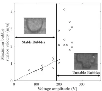 Fig. 12    Maximum bubble surface velocity v measured for differ- differ-ent bubbles, having a size R 0 ≈ 300  μ m, as a function of the voltage  amplitude of the signal applied to the PZT (f = 4 kHz); these  veloci-ties are obtained measuring surface disp