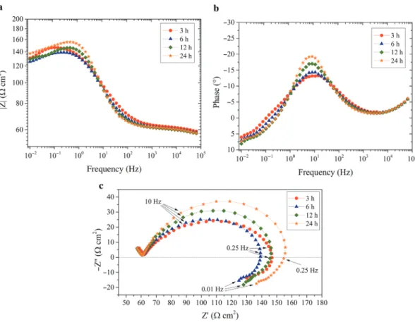Fig. 7: Electrochemical impedance diagrams obtained for the carbon steel electrode after different immersion times in the 