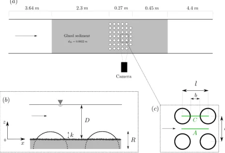 Figure 1. (a) Top view of the flume and positions of the patch of spherical caps (white circles) and glued sediment (gray shaded)