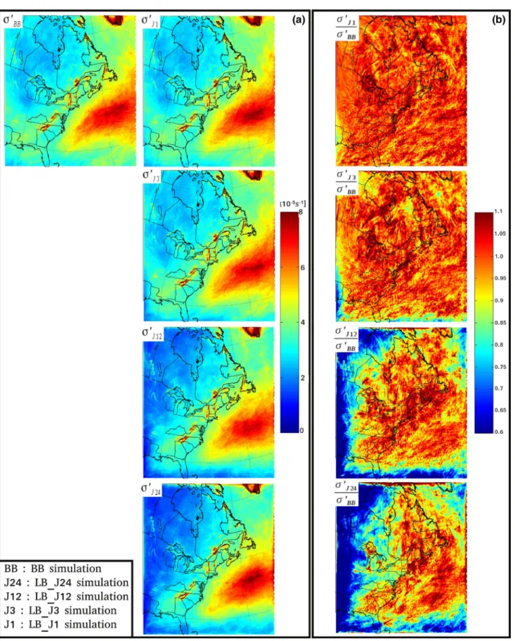 Fig. 2    a Small-scale transient-eddy standard deviation of the 700-hPa relative vorticity for the four December simulations