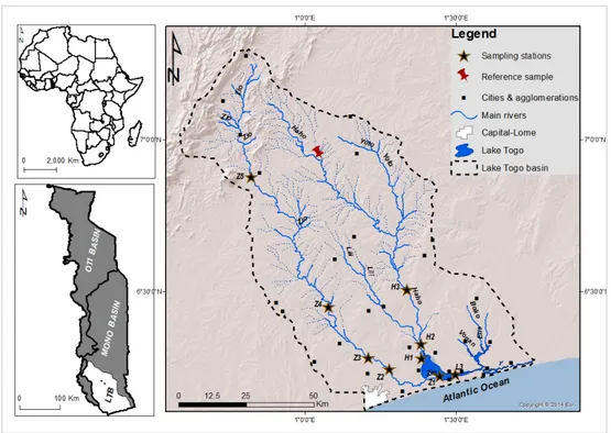 Figure 1 : Map of the study area, the Lake Togo and its drainage basin, and sampling sites in the lake and on the two  main rivers, Zio and Haho, flowing into the Lake Togo
