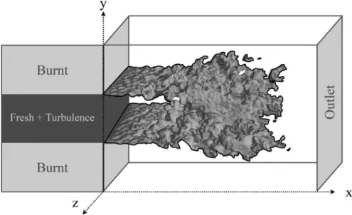 Fig.  1. Physical domain used for the DNS. At the inlet, a double hyperbolic tangent proﬁle is used to inject fresh gases in a sheet ≈8 mm high, surrounded by a slower  coﬂow of burnt gases
