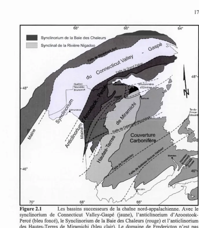 Figure 2 . 1  Les  bassins  successeurs  de  la  chaîne  nord-appalachienne.  Avec  le 