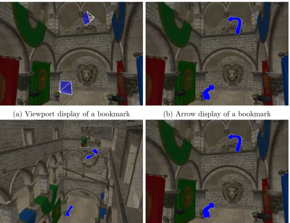 Figure 3.1: 3D bookmarks propose to move to a new viewpoint; when the user clicks on the bookmark, his viewpoint moves to the indicated viewpoint.