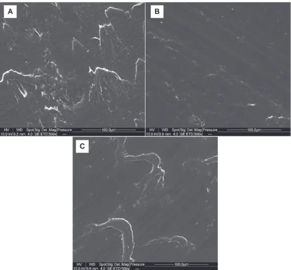 Figure 3: SEM micrographs of the worn surfaces during testing under a load of 10 N and at a sliding speed of 0.3 m/s of (A) PA11,  