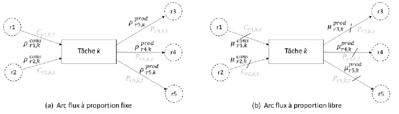 Figure 3.7. Représentation des arcs « flux » à proportion fixe (a) et libre (b) 