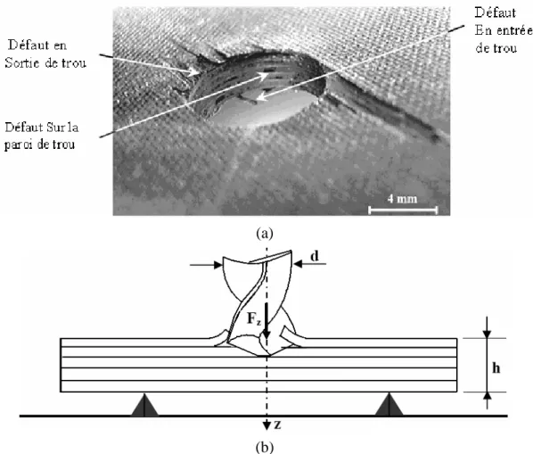 Figure 3. Procédé de perçage. (a) localisation des principaux défauts générés lors du perçage des 