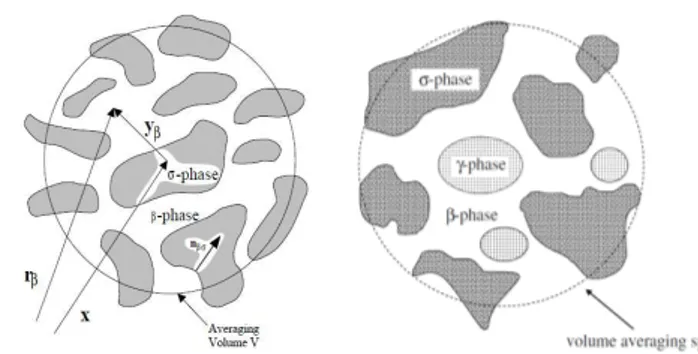 Fig.  5.  Averaging  volume  at  pore-scale  level  and  material  point  position  vector  (left)  and  three-phase  model  (the  third  phase may be insoluble species for instance) (right)