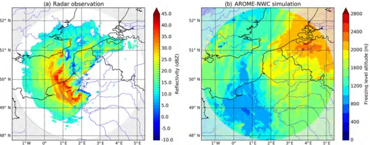 Figure 5. Observed reflectivity from the radar of Abbeville at the elevation 0.4 ◦ (a) and simulated freezing level altitude from the model