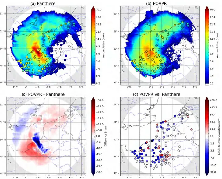 Figure 6. The 6 h accumulations for the 30 April 2018 event between 03:00 and 09:00 UTC on the Abbeville radar domain (255 km range) with the operational method Panthere (a) and the POVPR method (b)