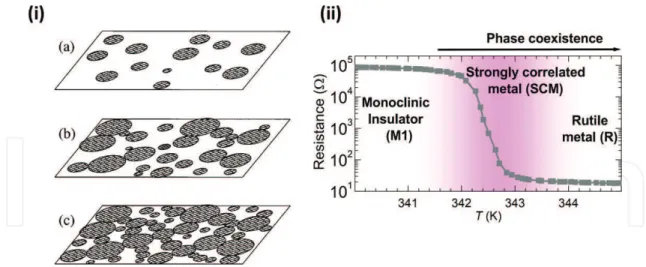 Figure 4.  (i) Schematic diagram of the phase change in the VO 2  film. The metallic domains nucleate sporadically (a)  and as the temperature approaches T C  (b), the domains grow larger and cluster