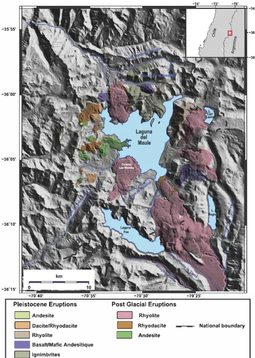 Fig. 1. Reference map of  the  scucly area  in  souchem Chile corresponding  co the black box  in  the righc-hand  inset map