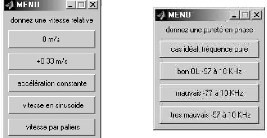 Figure 1.15:    a) Menu pour choisir la vitesse de la cible.  b) menu pour donner un bruit de phase
