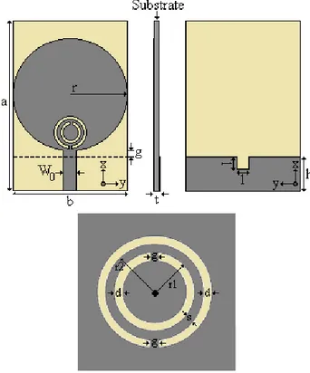 Fig. 4.7 – UWB antenna with CSRR top view and the CRSS structure bottom view; the gray region denotes a  conductor material