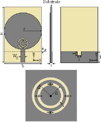 Fig. 4.7 – UWB antenna with CSRR top view and the CRSS structure bottom view; the gray region denotes a  conductor material