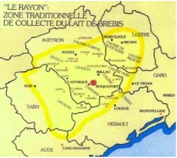 Illustration 3 : implantation géographique du rayon de Roquefort (RA 2000 AGRESTE) 