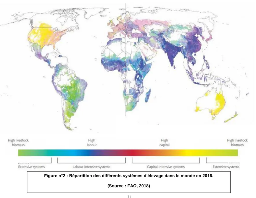 Figure n°2 : Répartition des différents systèmes d’élevage dans le monde en 2016.  (Source : FAO, 2018) 