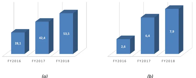 Figure 19. Evolution du chiffre d’affaires en M€ (a) et de l’EBITDA en M€ (b) de NVC entre 2016 et 2018  2.1.1.2.3 -  Apiam Animal Health 