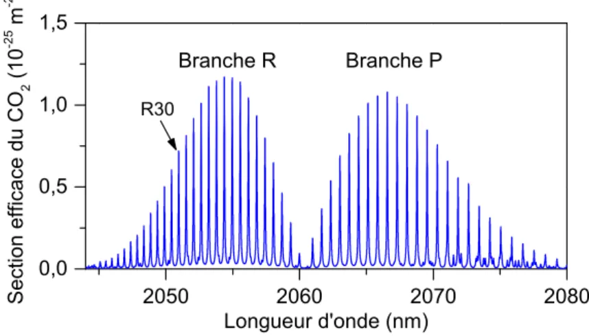 Figure 1.2 – Section efficace du CO 2  du groupe de raies de la transition vibrationnelle 