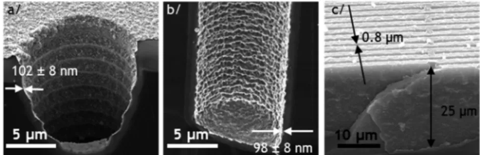 Figure 9. Images of structured via substrate covered with Cu ﬁlm: (a) top view by optical microscopy before and (b) after electrochemically deposited thick Cu layer; (c, d) FIB SEM cross sectional images of (c) 175−50 μm and 100−10 μm vias (d) after thick 