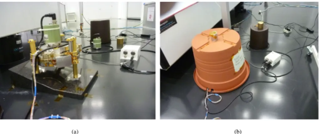 Fig. 6 LVL structure during seismic transfer function tests in the MPS clean room. (a) Setup with a Trillium compact seismometer on the metal disk at the center of the LVL structure, which is placed on a magmatic rock to simulate ground tilt