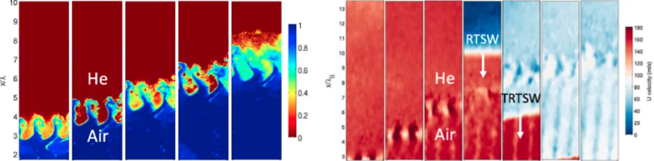 Figure 4: Tomoscopic image-based mass fraction fields (left) and PIV-based velocity fields (right) obtained for consecutive