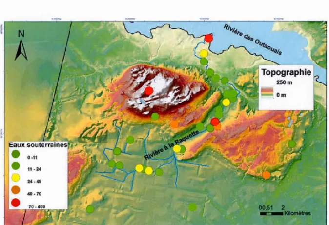 Figure  10:  Distribution  spat i a l e  des  activités  222 Rn  (Bq/L) dans  l es eaux souterraines  - Région de 