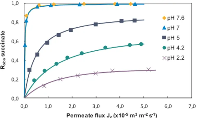 Fig. 8. Separation factor vs. permeate ﬂux: Inﬂuence of the dilution factor [Succ] = 0.7 M – [Ac] = 0.1 M – pH 7.