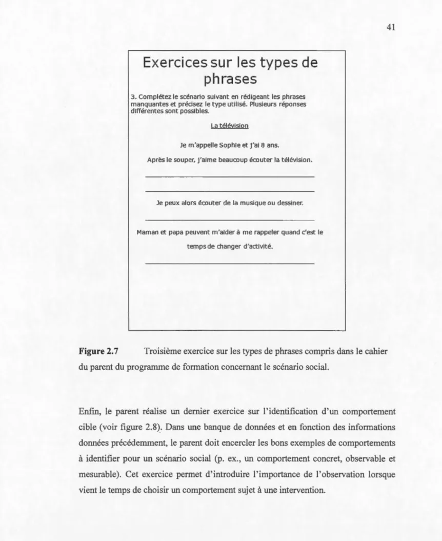 Figure  2.7  Troisième exercice sur les types de phrases compris dans le cahier  du parent du programme de  formation concernant le scénario social